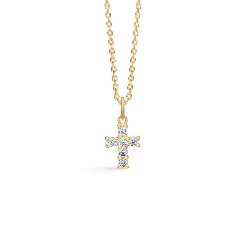 Faith korsvedhæng i 8 kt guld med zirkonia fra Mads Z White Label – lille guldkors med funklende zirkonia sten.